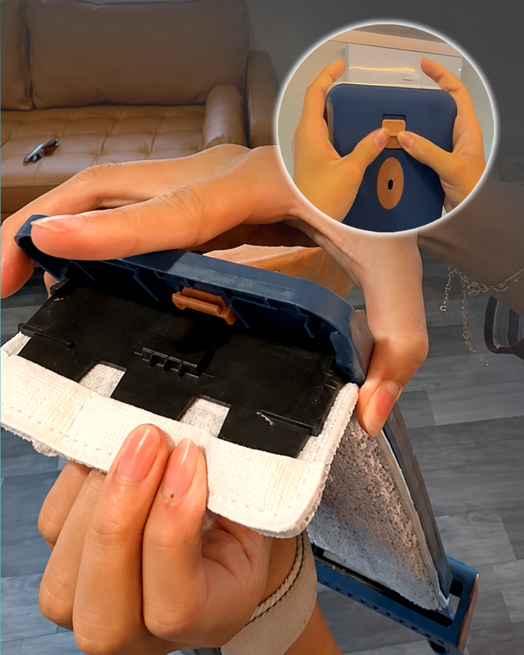Locking clamp holds cloth through wringing.