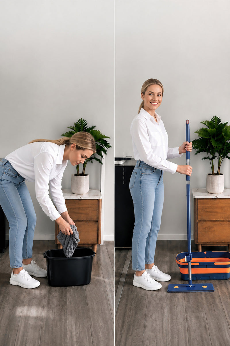 Bending over a bucket to wring a cloth by hand compared with standing upright using the self-wringing flat mop
