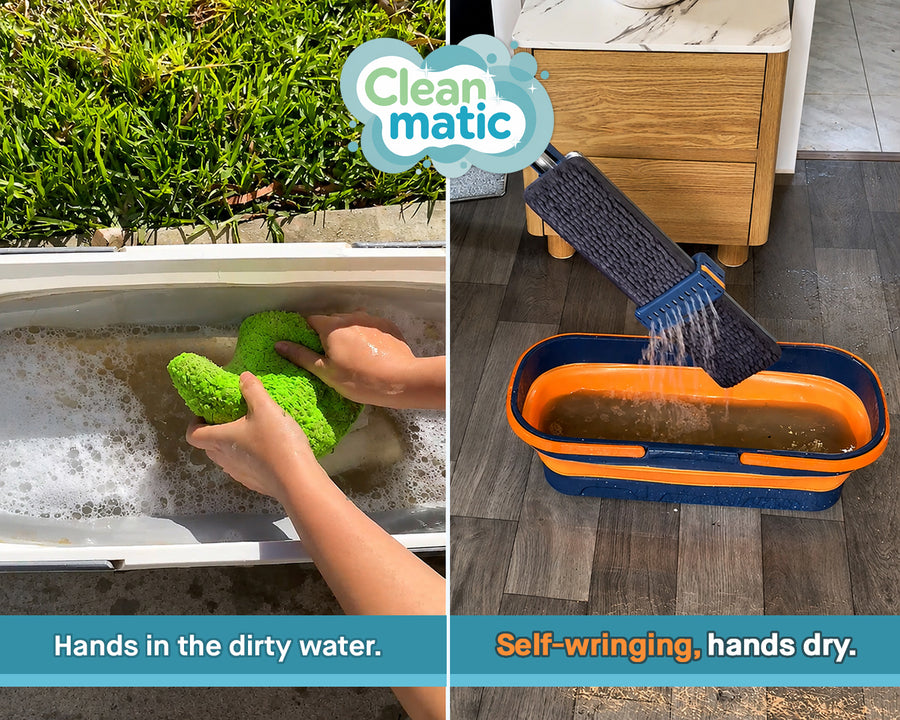 Comparison of hands in dirty water with a sponge versus the self-wringing flat mop keeping hands dry