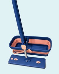 Cleanmatic self-wringing flat mop and bucket set with collapsible navy bucket