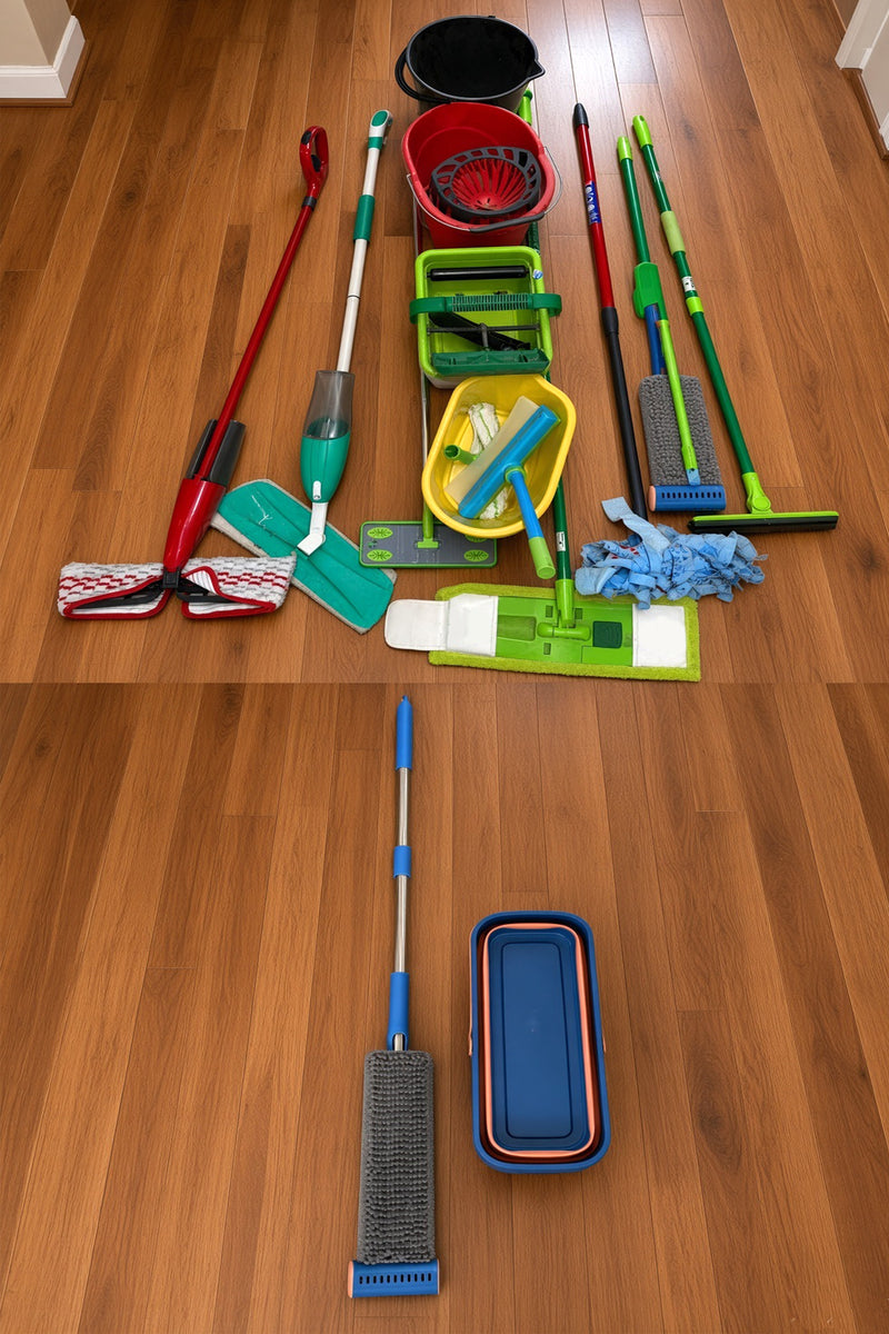 A pile of separate cleaning tools above compared with the single Cleanmatic flat mop and bucket below