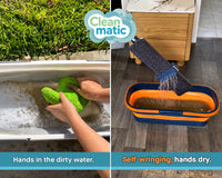 Comparison of hands in dirty water with a sponge versus the self-wringing flat mop keeping hands dry